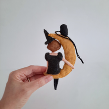 Load image into Gallery viewer, A back view of a vintage style witch sitting on a moon. Pic 7 of 8.