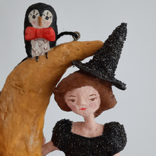 Load image into Gallery viewer, A close-up of a vintage style, spun cotton owl and witch sitting on a moon. Pic 3 of 8.