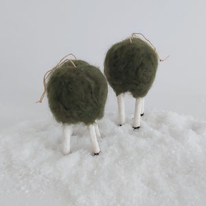 A back view of two vintage style, woolly spun cotton green sheep ornaments against a white background. Pic 6 of 7. 