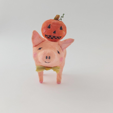 Load image into Gallery viewer, Front view of spun cotton pig sculpture and jack o lantern. Photo 6