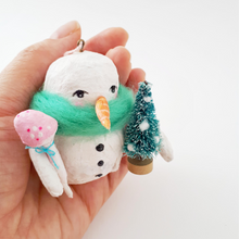 Load image into Gallery viewer, Spun cotton snowman ornament, held in hand. Photo 2