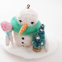 Load image into Gallery viewer, Close up of spun cotton snowman ornament. Photo 4