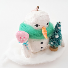 Load image into Gallery viewer, Another close up of spun cotton snowman ornament. Photo 5