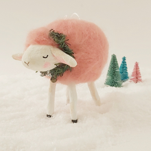 Load image into Gallery viewer, needle felted pink sheep ornament, with garland and a jingle bell around her neck. picture 1 of 7

