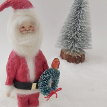 Cargar imagen en el visor de la galería, close up of paper face and needle felted beard, on spun cotton Santa ornament. photo 3 of 7.