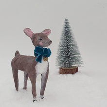 Load image into Gallery viewer, Spun cotton deer, standing next to bottle brush tree. Photo 1 of 8.