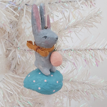 Cargar imagen en el visor de la galería, Spun cotton grey Easter bunny sitting on mushroom. Pic 1 of 8.