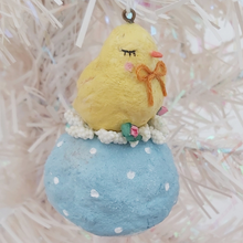 Cargar imagen en el visor de la galería, Spun cotton chick sitting on light blue mushroom. Pic 1 of 6.