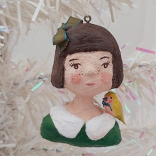 Load image into Gallery viewer, Front view of spun cotton girl ornament. Pic 10 of 11.