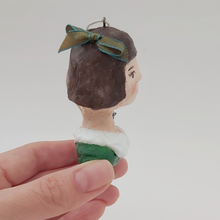 Load image into Gallery viewer, Opposite side view of spun cotton girl ornament. Pic 8 of 11.
