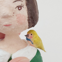 Load image into Gallery viewer, Close up of spun cotton yellow bird with blue thread bow. Pic 4 of 11.