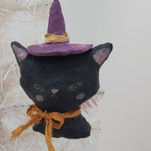 Load image into Gallery viewer, Another view of spun cotton black witch cat, hanging from tree. Pic 6 of 7.