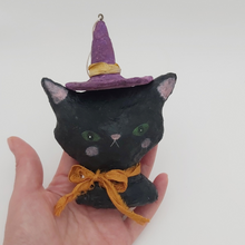 Load image into Gallery viewer, Spun cotton witch cat ornament, held in hand. Pic 2 of 7.