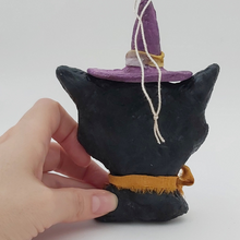 Load image into Gallery viewer, Back view of spun cotton witch cat ornament. Pic 7 of 7.