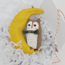 Load image into Gallery viewer, Spun Cotton Owl on Moon Ornament
