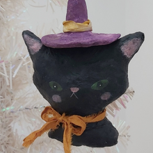 Load image into Gallery viewer, Spun cotton witch cat ornament, dangling from tree. Pic 1 of 7.
