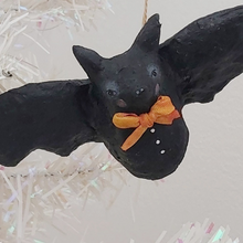 Cargar imagen en el visor de la galería, Close up view of spun cotton bat ornament, hanging from tree. Pic 1 of 8.