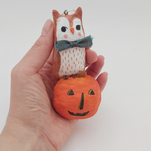 Load image into Gallery viewer, Spun cotton owl ornament, held in hand for size comparison. Pic 2 of 8.