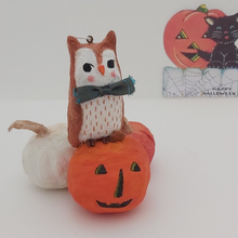 Load image into Gallery viewer, Spun cotton owl sitting next to other Halloween decorations. Pic 3 of 8.