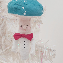 Load image into Gallery viewer, Spun cotton anthropomorphic mushroom/mushroom man ornament hanging from tree. Pic 3 of 6.