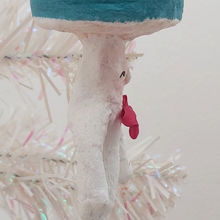 Load image into Gallery viewer, Side view of mushroom man ornament, hanging from tree. Pic 6 of 6.