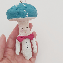 Load image into Gallery viewer, Spun cotton mushroom man, held in hand. Pic 1 of 6.