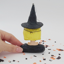 Load image into Gallery viewer, Back view of spun cotton witch girl ornament. Pic 6 of 6.