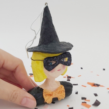 Load image into Gallery viewer, Closer view of spun cotton witch ornament. Pic 3 of 6.