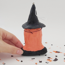 Load image into Gallery viewer, Back view of spun cotton witch girl ornament. Pic 4 of 5.