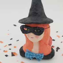 Load image into Gallery viewer, Close up of spun cotton witch ornament. Pic 1 of 5.