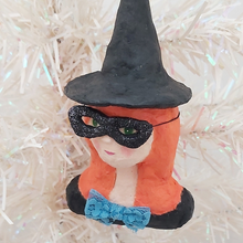 Load image into Gallery viewer, Spun cotton witch girl ornament, hanging from tree. Pic 2 of 5.