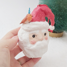 Load image into Gallery viewer, Vintage Inspired Spun Cotton Santa Ornament with Robin