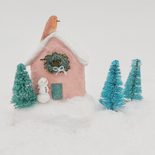 Load image into Gallery viewer, Another picture of spun cotton pink house with robin sitting on roof. Pic 3 of 7.