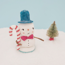 Load image into Gallery viewer, Spun cotton snowman holding spun cotton candy cane. Pic 1 of 8.
