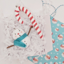 Cargar imagen en el visor de la galería, Spun cotton snowman and candy cane ornaments, laying in white gift box with white tissue shredding. Pic 5 of 6.