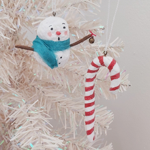 Cargar imagen en el visor de la galería, Spun cotton snowman and candy cane ornaments, hanging from white Christmas tree. Pic 3 of 6.