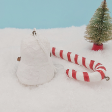 Cargar imagen en el visor de la galería, Back view of spun cotton snowman ornament and spun cotton candy cane. Pic 7 of 7.