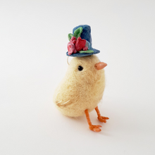 Load image into Gallery viewer, Front view of felted yellow chick with blue top hat (picture 6)