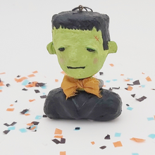 Cargar imagen en el visor de la galería, Spun cotton Frankenstein Halloween ornament surrounded by Halloween confetti. Pic 1 of 9.