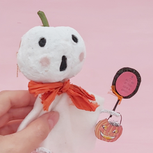 Load image into Gallery viewer, Close up of spun cotton white ghost pumpkin man, against a pink background. Pic 1 of 7.