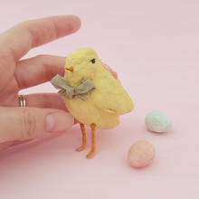 Cargar imagen en el visor de la galería, One spun cotton chick ornament, front view of beak and bow tie. Pic 2 of 7.