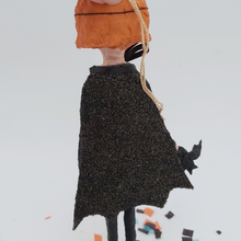 Load image into Gallery viewer, Back view of spun cotton bat girl and her glittery black wings. Pic 5 of 9.