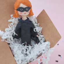 Load image into Gallery viewer, Spun cotton bat girl ornament, standing in white gift box with white tissue shredding. Pic 9 of 9.