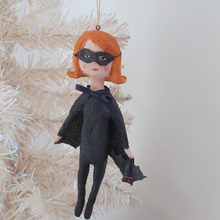 Load image into Gallery viewer, Spun cotton bat girl ornament hanging on white tree. Pic 2 of 9.