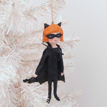 Load image into Gallery viewer, Spun cotton bat girl ornament hanging on white tree. Pic 3 of 9.