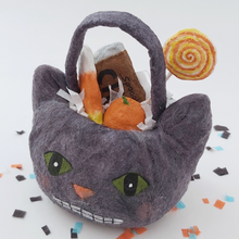 Load image into Gallery viewer, Close-up of spun cotton Halloween cat bucket. Pic 3 of 5.