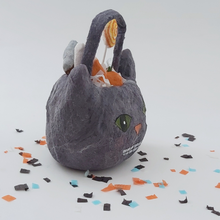 Load image into Gallery viewer, Side view of spun cotton Halloween cat bucket. Pic 4 of 5.