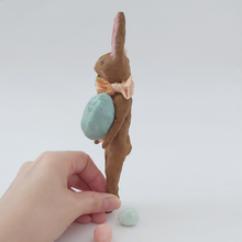 Cargar imagen en el visor de la galería, Another side view of spun cotton chocolate brown Easter bunny. Pic 8 of 8.