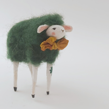 Load image into Gallery viewer, Close up of spun cotton dark green sheep's face and mustard yellow bow tie. Pic 3 of 5.