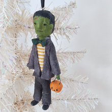 Load image into Gallery viewer, Spun cotton Frankenstein ornament, hanging from white tree. Pic 3 of 8.